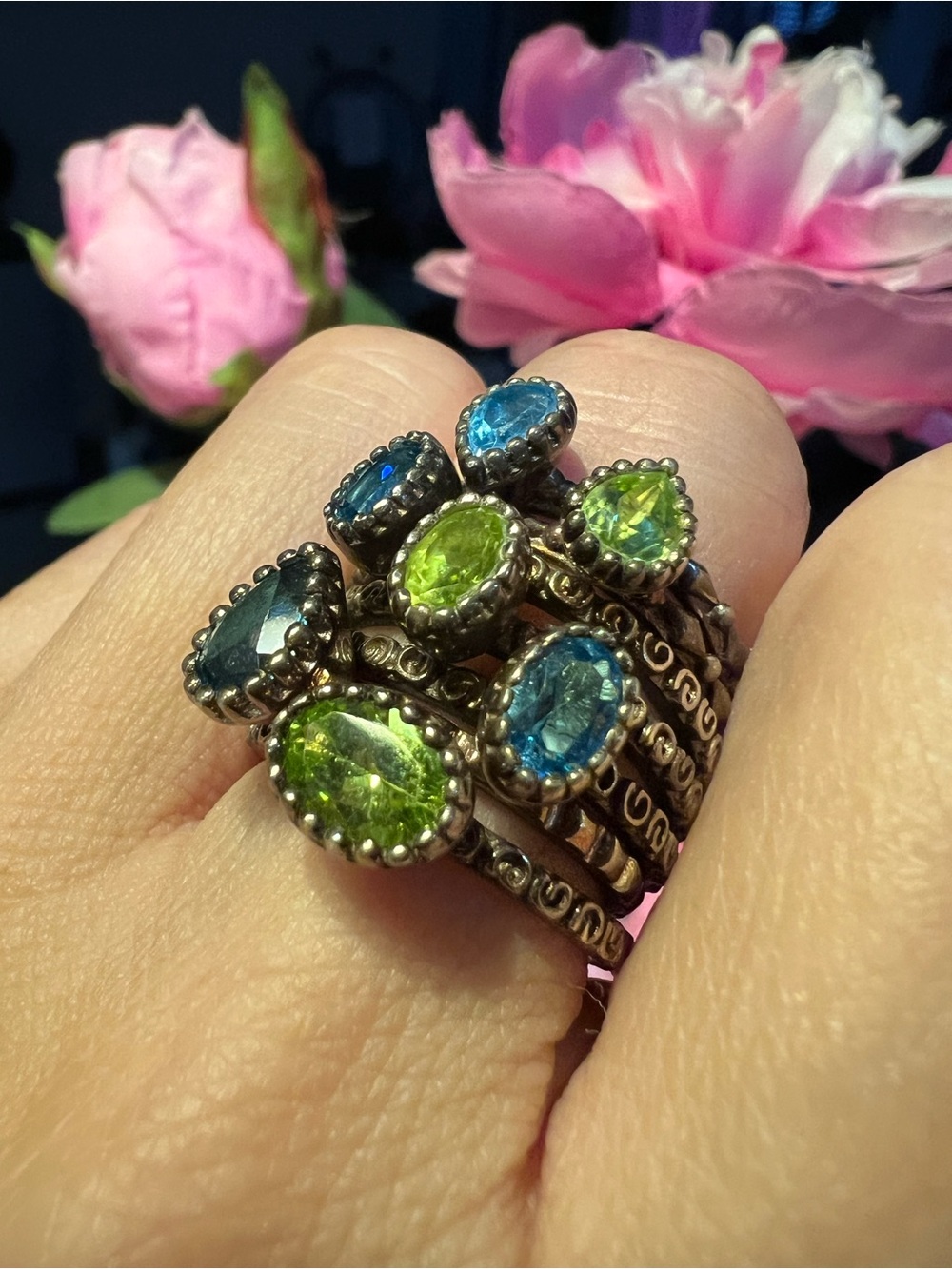 Sterling Silver Set of 7 Rings with Blue and Green Gemstones